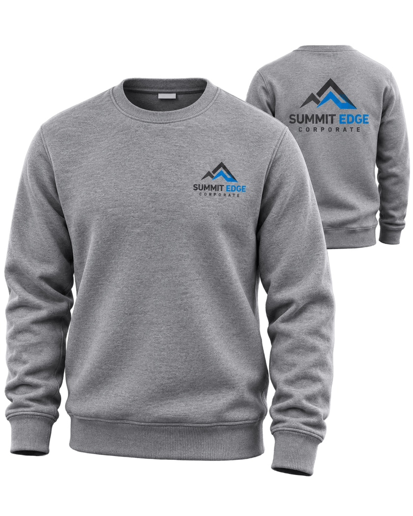 Grey crewneck sweat shirt with corporate design on the front chest and back. 