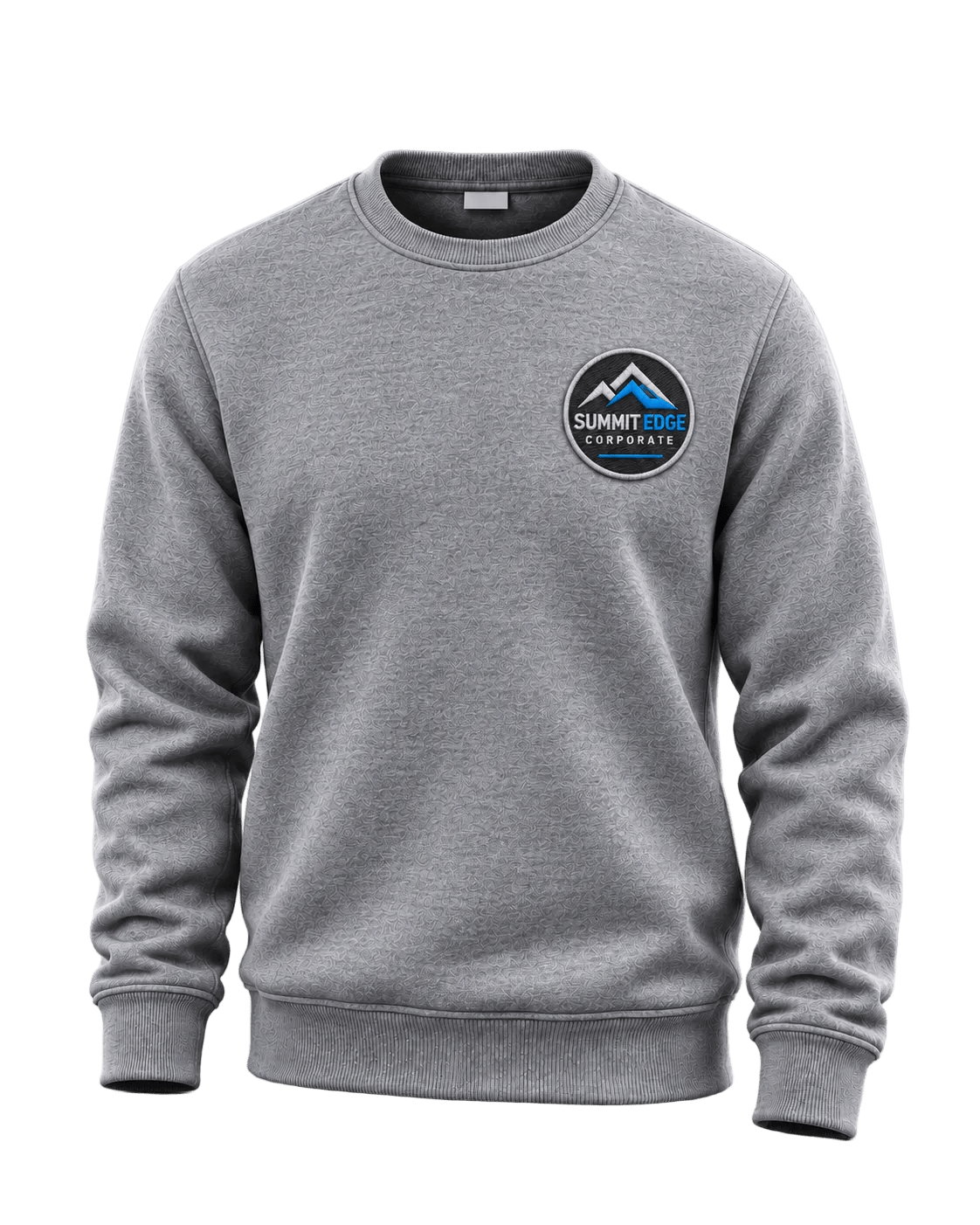 Grey crew neck sweatshirt with corporation embroidery patch