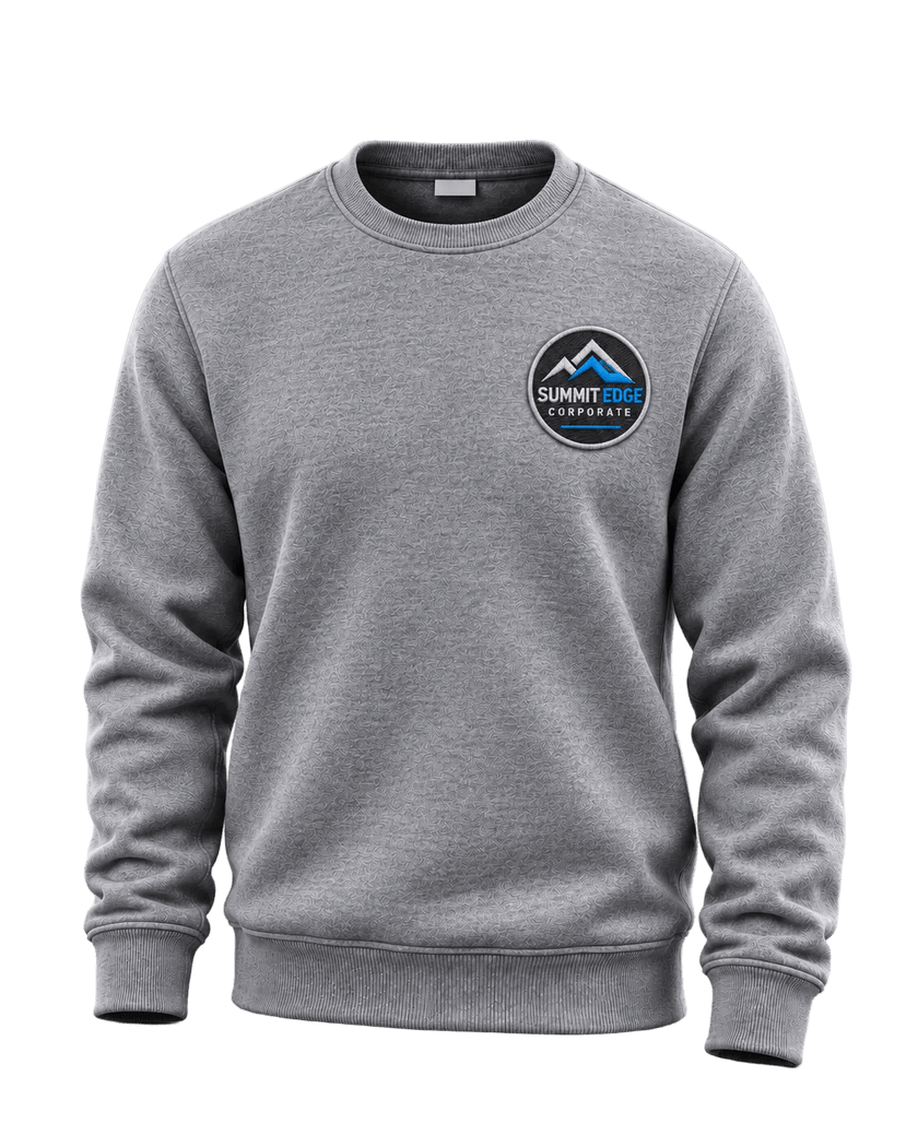 Grey crew neck sweatshirt with corporation embroidery patch