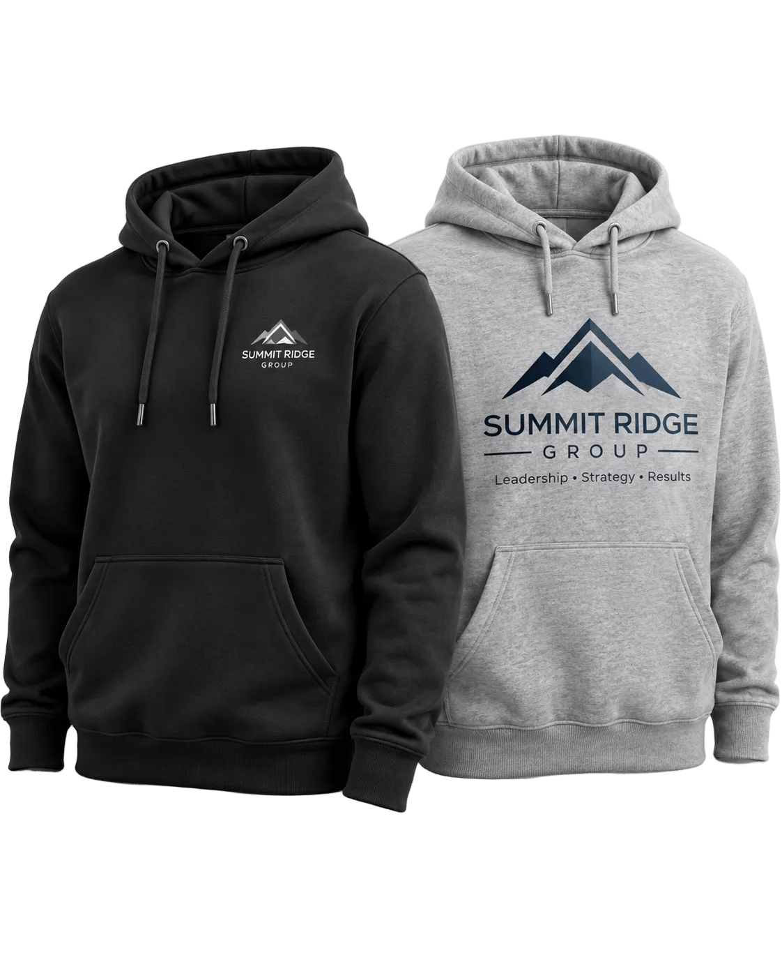 Two Custom Corporate Hoodies side by side one black one grey with the company logo on them, one with full front and one with chest patch