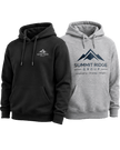 Two Custom Corporate Hoodies side by side one black one grey with the company logo on them, one with full front and one with chest patch