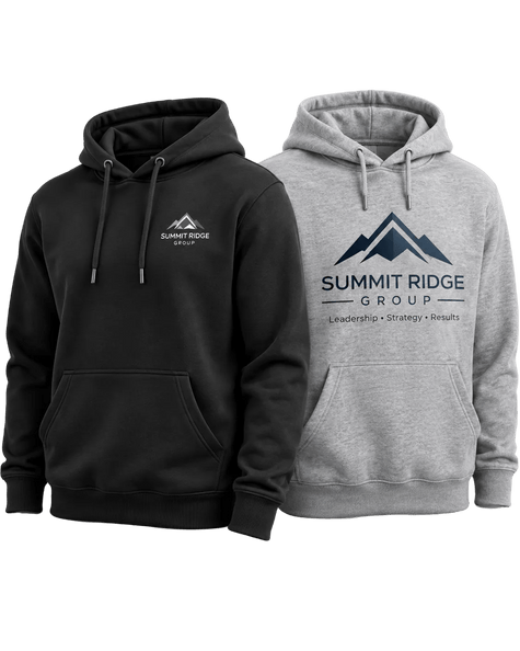 Two Custom Corporate Hoodies side by side one black one grey with the company logo on them, one with full front and one with chest patch