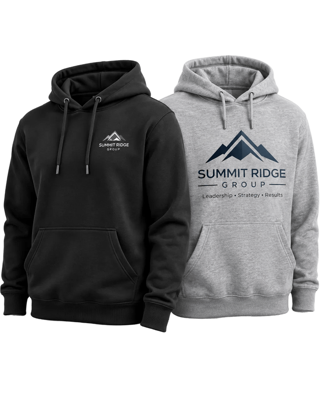 Two Custom Corporate Hoodies side by side one black one grey with the company logo on them, one with full front and one with chest patch