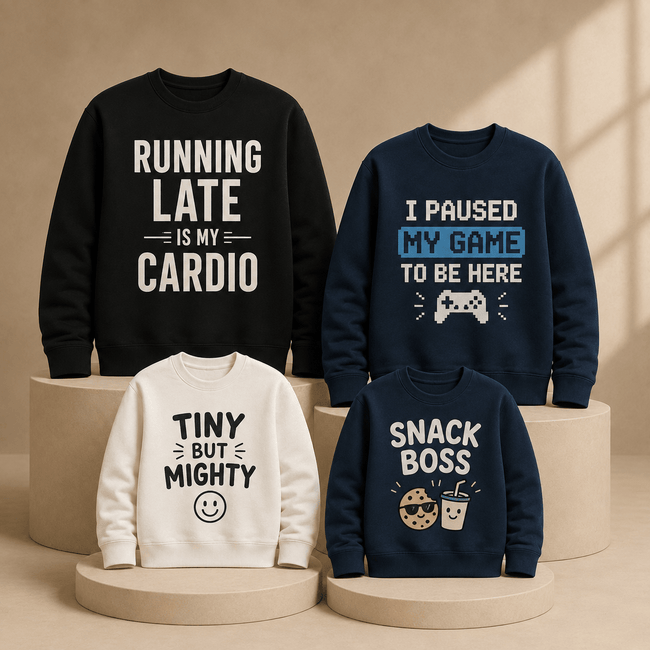 Four graphic crewneck sweatshirts displayed on beige pedestals against a warm beige background. The set includes a black sweatshirt reading 'RUNNING LATE IS MY CARDIO' in white, a navy sweatshirt reading 'I PAUSED MY GAME TO BE HERE' with a blue highlight and white text, a cream sweatshirt reading 'TINY BUT MIGHTY' with black text and a smiley face, and a navy sweatshirt reading 'SNACK BOSS' with a cookie and drink graphic.