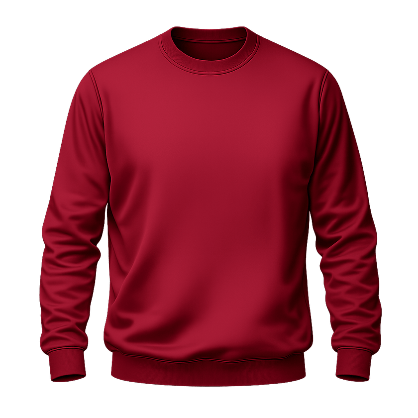 A solid dark red crewneck sweatshirt with long sleeves, ribbed cuffs, and a ribbed hem, shown against a plain white background.