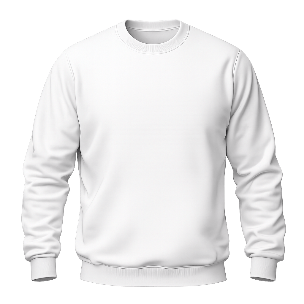 A plain white long-sleeve crewneck sweatshirt shown on a solid green background.