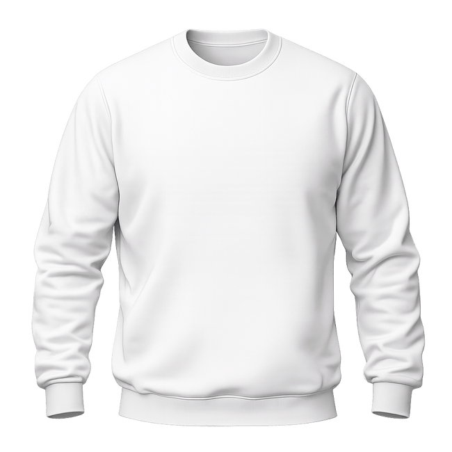 A plain white long-sleeve crewneck sweatshirt shown on a solid green background.