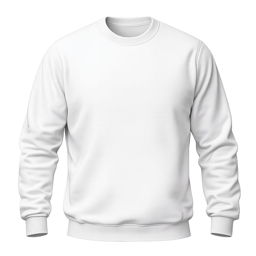 A plain white long-sleeve crewneck sweatshirt shown on a solid green background.