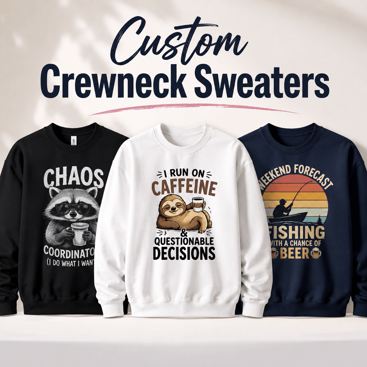 Premium custom crewneck sweater featuring personalized logo printing for businesses, schools, teams, events and everyday wear.