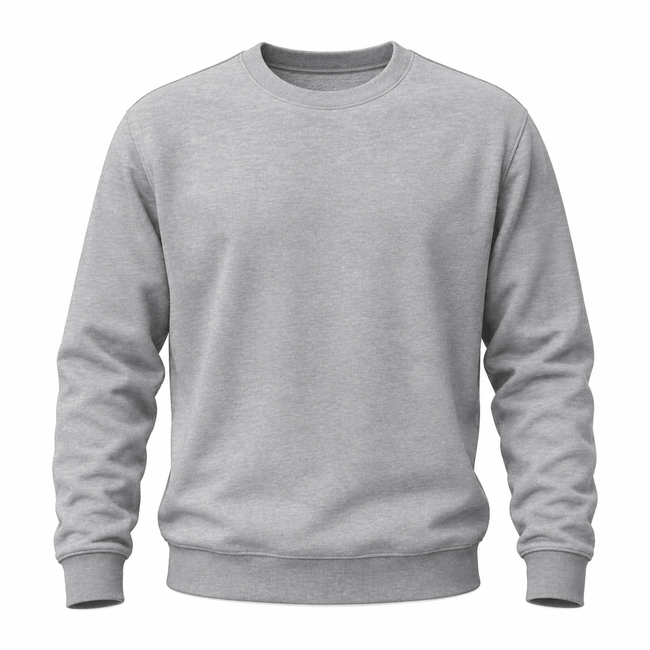 A light gray crewneck sweatshirt with long sleeves and ribbed cuffs and hem, shown on a plain white background.
