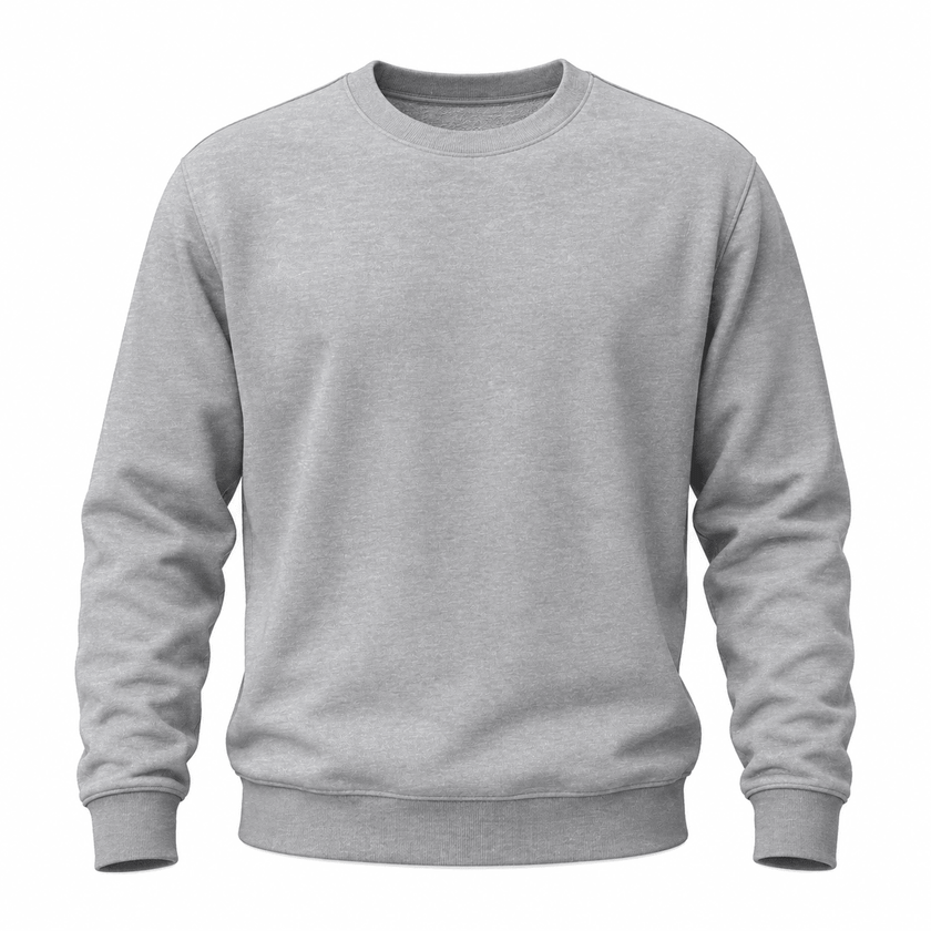 A light gray crewneck sweatshirt with long sleeves and ribbed cuffs and hem, shown on a plain white background.