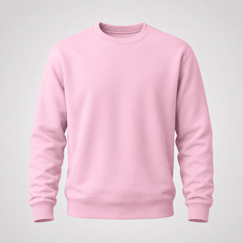 A light pink crewneck sweatshirt with long sleeves and ribbed cuffs and hem, shown against a light gray background.
