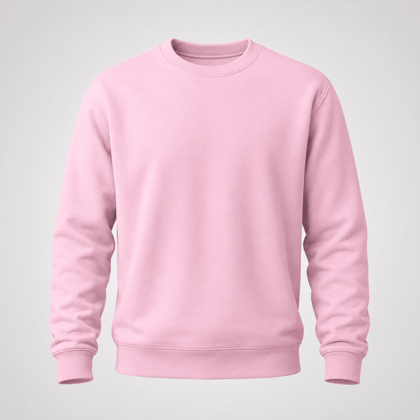 A light pink crewneck sweatshirt with long sleeves and ribbed cuffs and hem, shown against a light gray background.