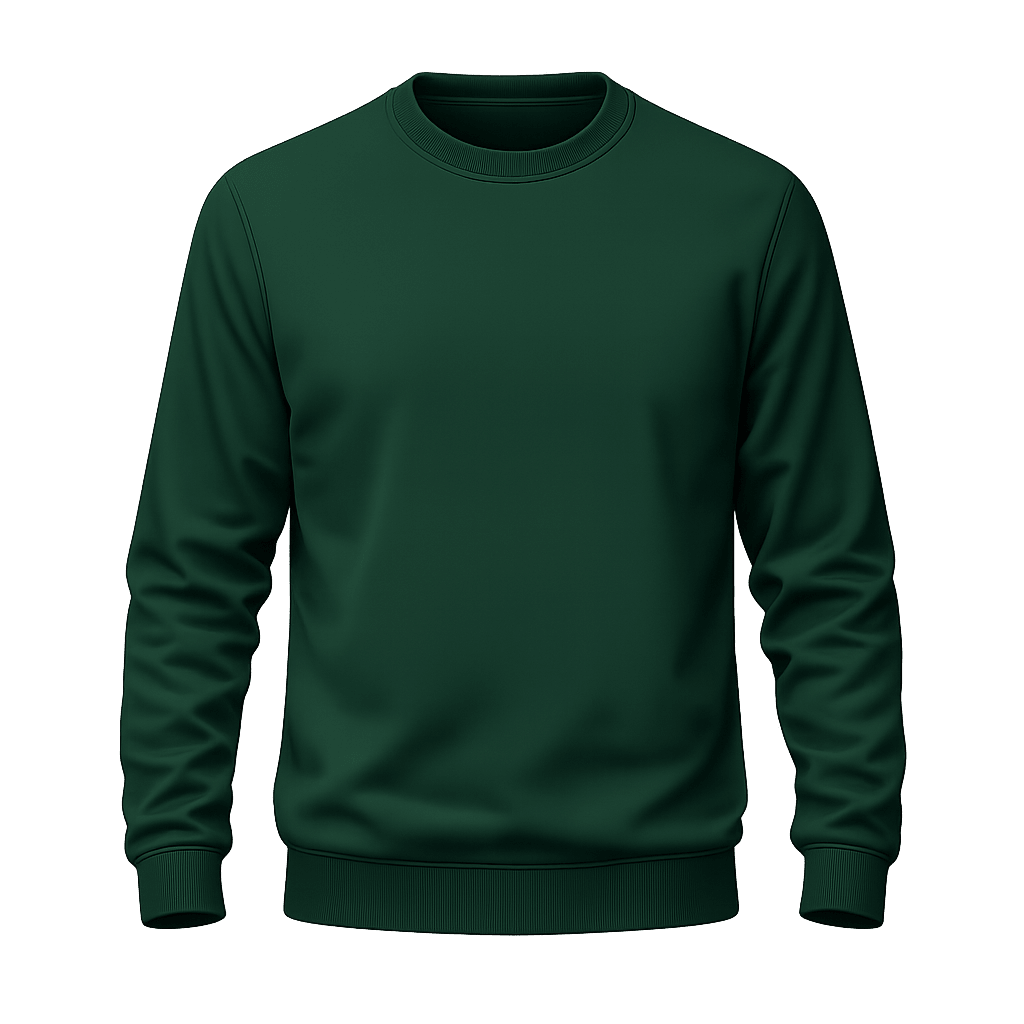 A dark forest green crewneck sweatshirt with ribbed cuffs and hem, shown against a matching solid green background.