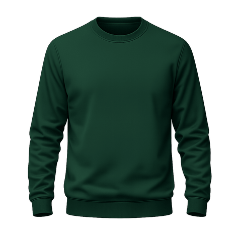A dark forest green crewneck sweatshirt with ribbed cuffs and hem, shown against a matching solid green background.