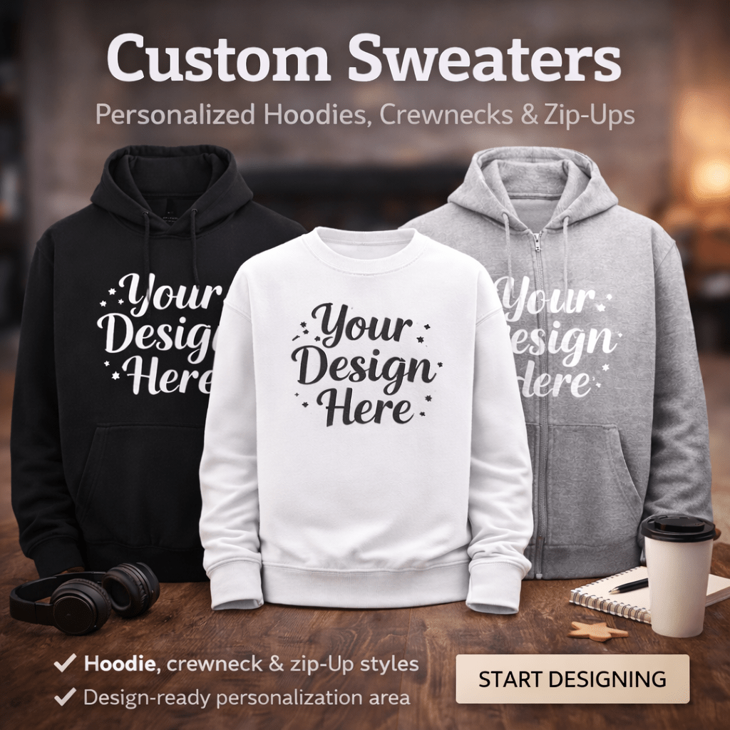 Three customizable sweatshirts on a wooden surface with text and design placeholder.