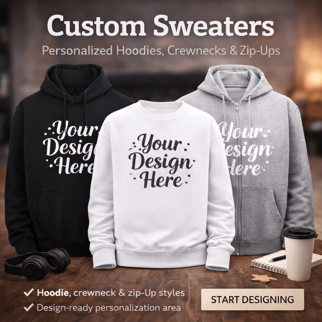 Three customizable sweatshirts on a wooden surface with text and design placeholder.
