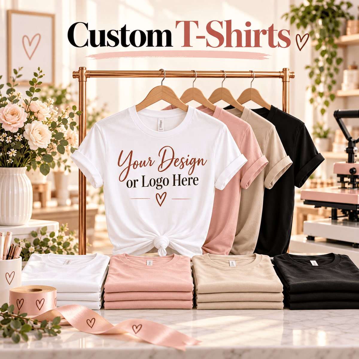 Custom T-shirts with “Your Design or Logo Here” displayed on the shirt, showcasing personalized apparel by Simplee Craft’n Creations in Calgary, Alberta.