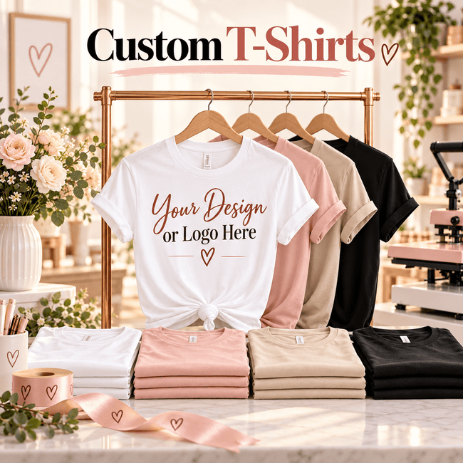 Custom T-shirts with “Your Design or Logo Here” displayed on the shirt, showcasing personalized apparel by Simplee Craft’n Creations in Calgary, Alberta.