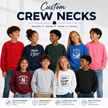 A promotional graphic for custom crew necks featuring nine children modeling different colored sweatshirts, with text reading 'Custom CREW NECKS' and feature icons along the bottom.