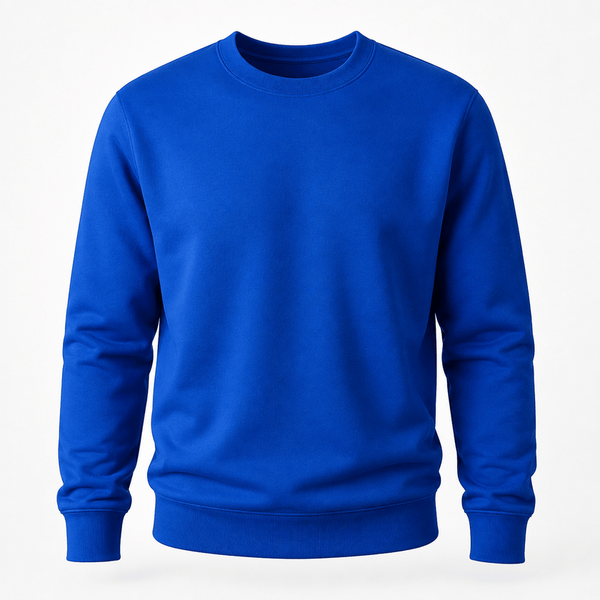A royal blue crewneck sweatshirt with long sleeves and ribbed cuffs and hem, shown on a clean white background.