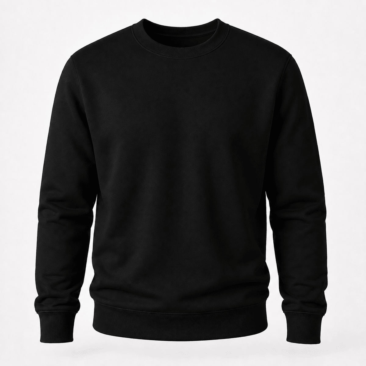 A plain black long-sleeve crewneck sweatshirt shown on a light gray background.
