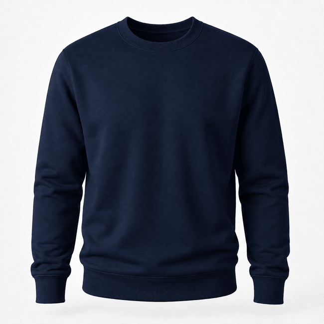 A dark navy blue crewneck sweatshirt with long sleeves and ribbed cuffs and hem, shown against a plain white background.
