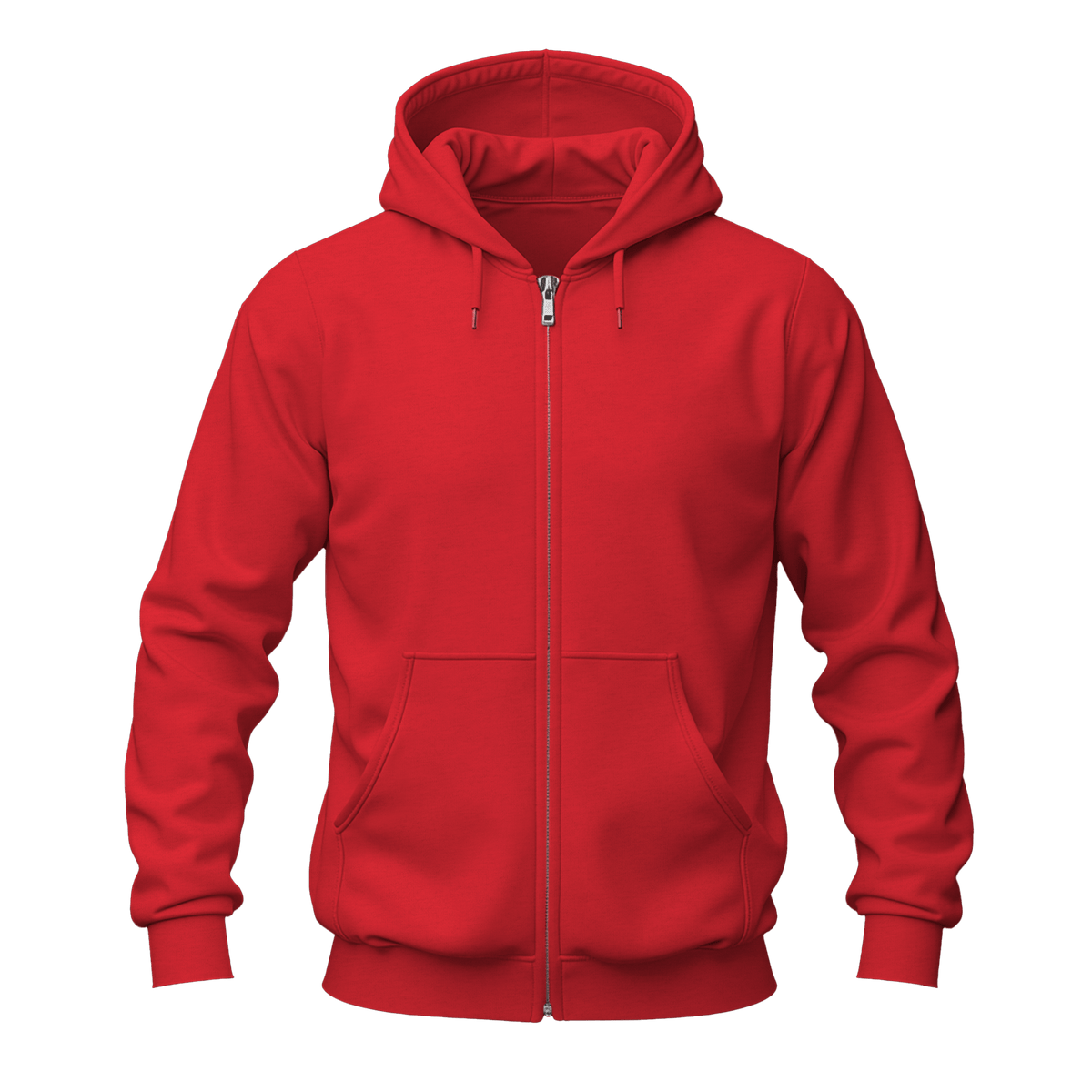 A bright red zip-up hoodie with a full front zipper, drawstring hood, and kangaroo pockets, shown on a plain white background.
