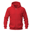 A bright red zip-up hoodie with a full front zipper, drawstring hood, and kangaroo pockets, shown on a plain white background.