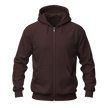 A dark brown full-zip hoodie with a drawstring hood and front kangaroo pockets, shown on a plain white background.