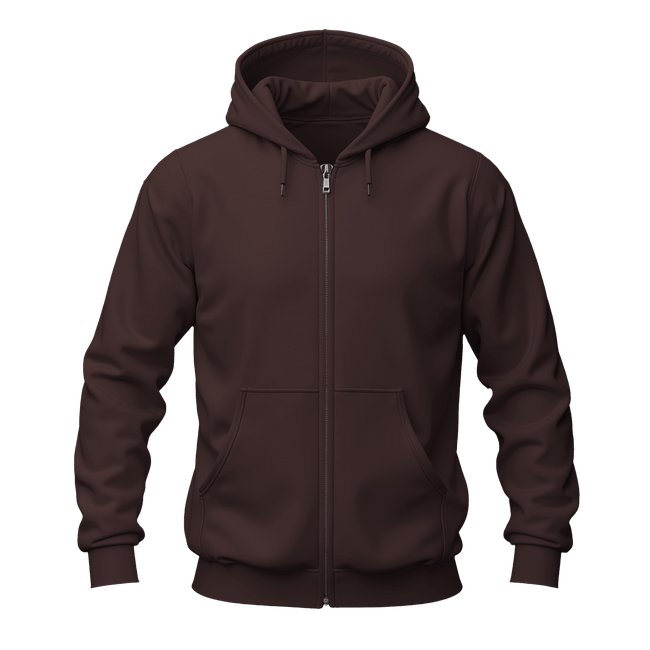 A dark brown full-zip hoodie with a drawstring hood and front kangaroo pockets, shown on a plain white background.