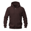 A dark brown full-zip hoodie with a drawstring hood and front kangaroo pockets, shown on a plain white background.