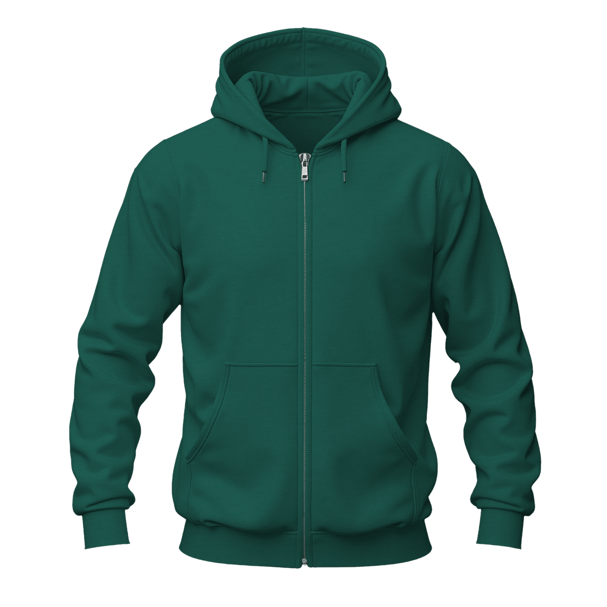 A dark green full-zip hoodie with a drawstring hood and front kangaroo pockets, shown on a plain white background.