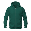 A dark green full-zip hoodie with a drawstring hood and front kangaroo pockets, shown on a plain white background.