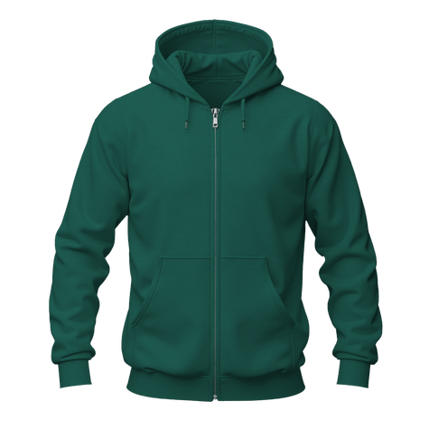 A dark green full-zip hoodie with a drawstring hood and front kangaroo pockets, shown on a plain white background.