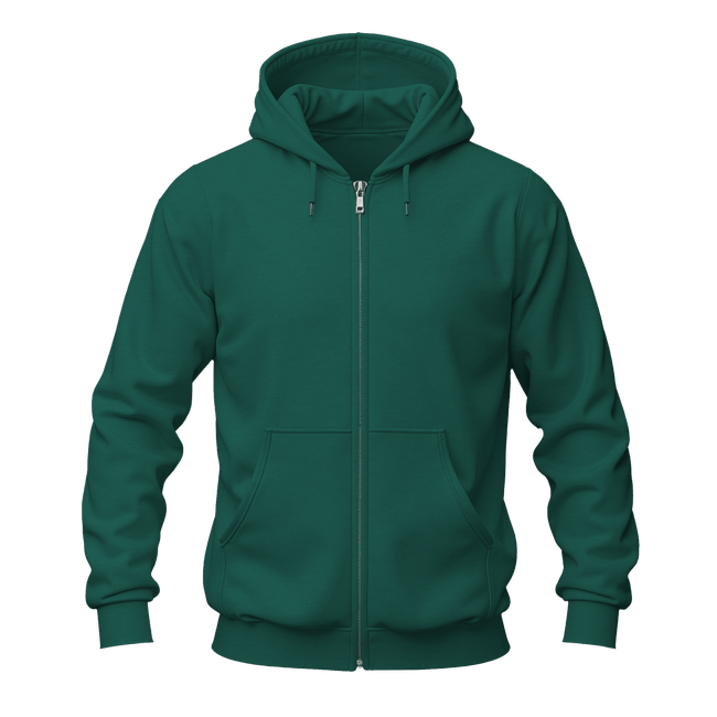 A dark green full-zip hoodie with a drawstring hood and front kangaroo pockets, shown on a plain white background.