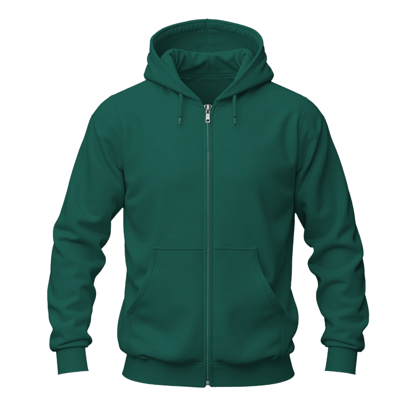 A dark green full-zip hoodie with a drawstring hood and front kangaroo pockets, shown on a plain white background.
