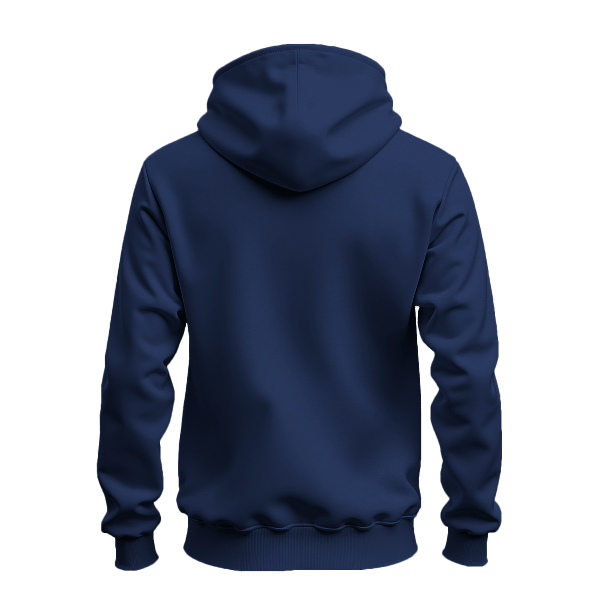 A navy blue pullover hoodie shown from the back, displayed on a clean white background.