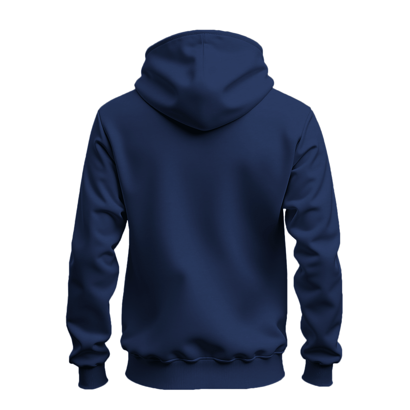 A navy blue pullover hoodie shown from the back, displayed on a clean white background.