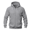 A classic sport gray zip-up hoodie with a full front zipper, drawstring hood, ribbed cuffs and hem, and a front kangaroo pocket, shown on a plain white background.