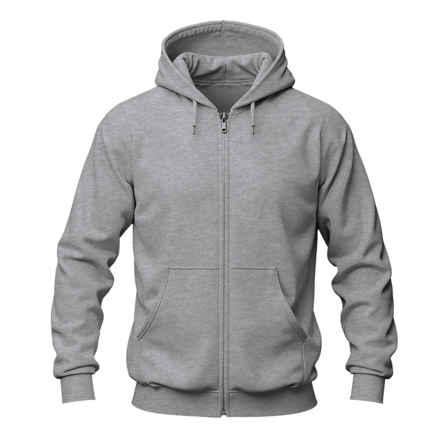 A classic sport gray zip-up hoodie with a full front zipper, drawstring hood, ribbed cuffs and hem, and a front kangaroo pocket, shown on a plain white background.