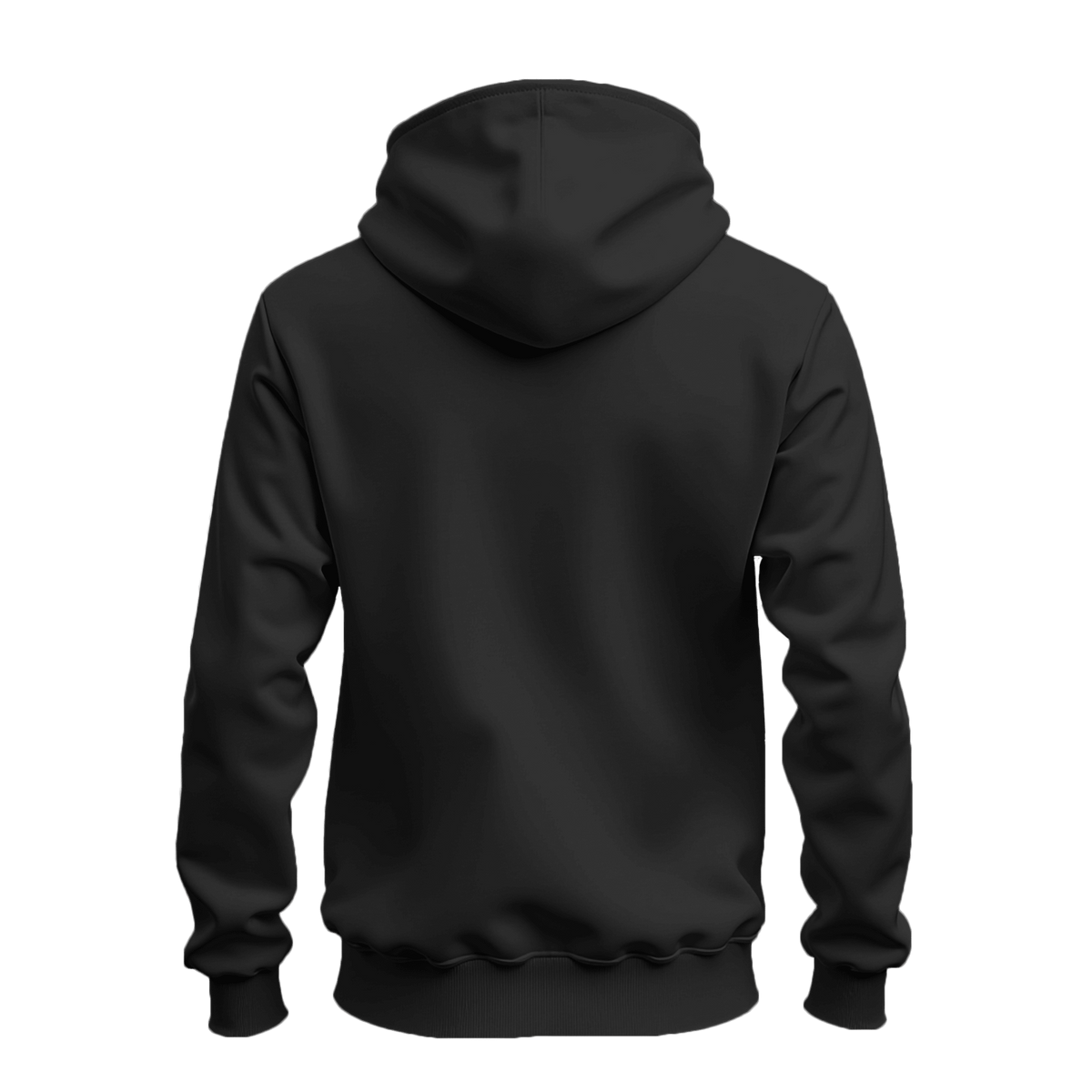 A black pullover hoodie shown from the back, displayed on a clean white background.