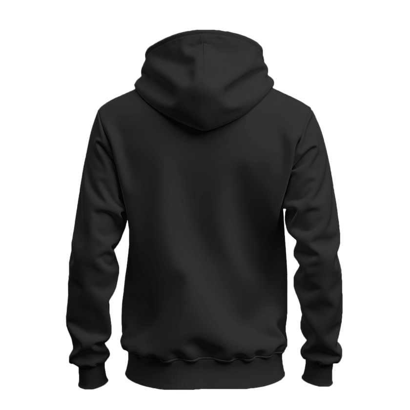 A black pullover hoodie shown from the back, displayed on a clean white background.