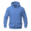 A blue zip-up hoodie with a full front zipper, drawstring hood, and front kangaroo pockets, shown on a plain white background.
