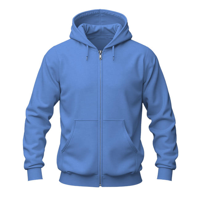 A blue zip-up hoodie with a full front zipper, drawstring hood, and front kangaroo pockets, shown on a plain white background.