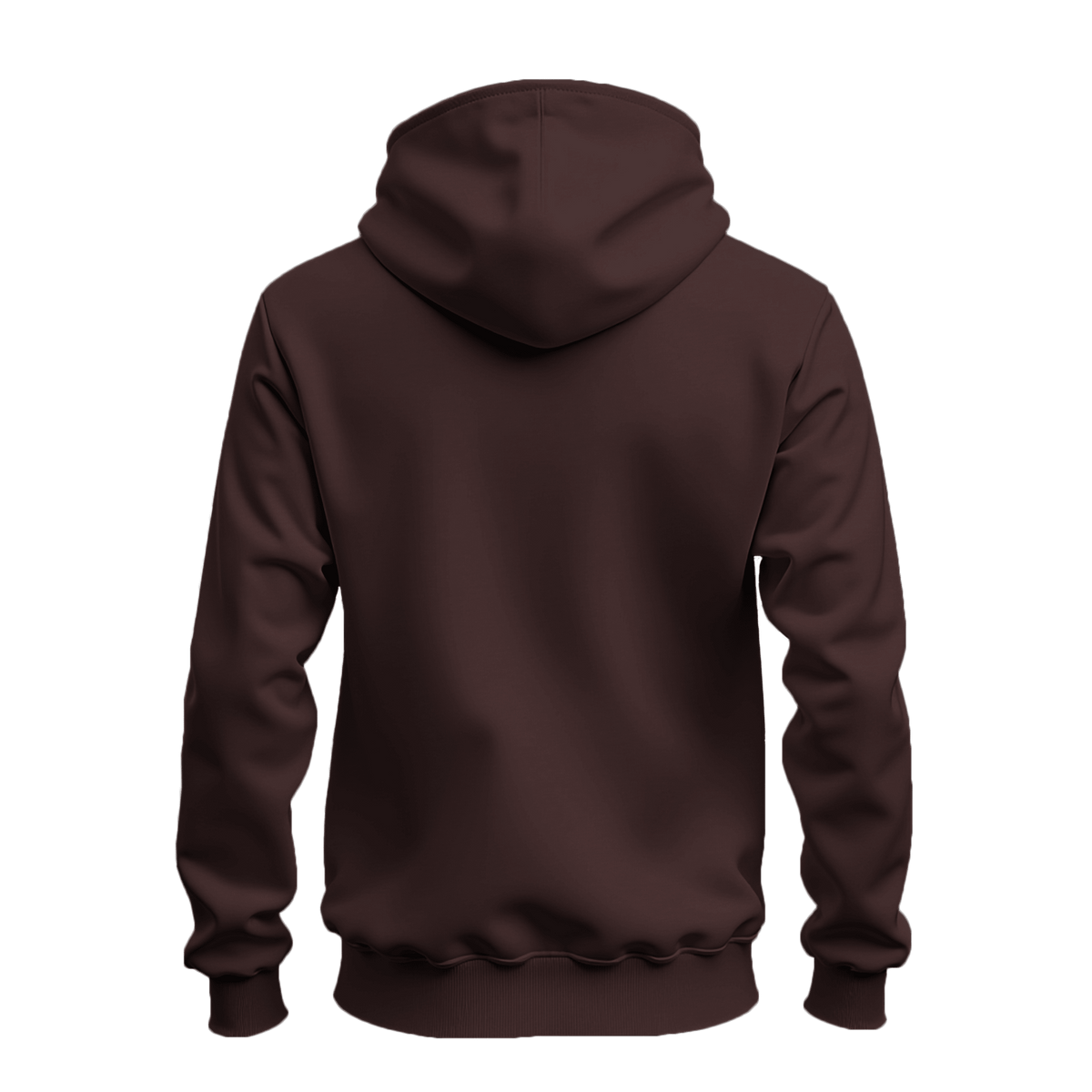A dark brown pullover hoodie shown from the back, displayed on a clean white background.