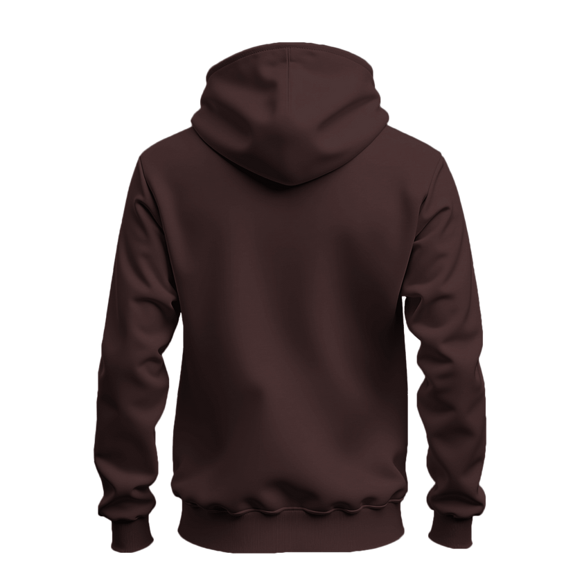 A dark brown pullover hoodie shown from the back, displayed on a clean white background.