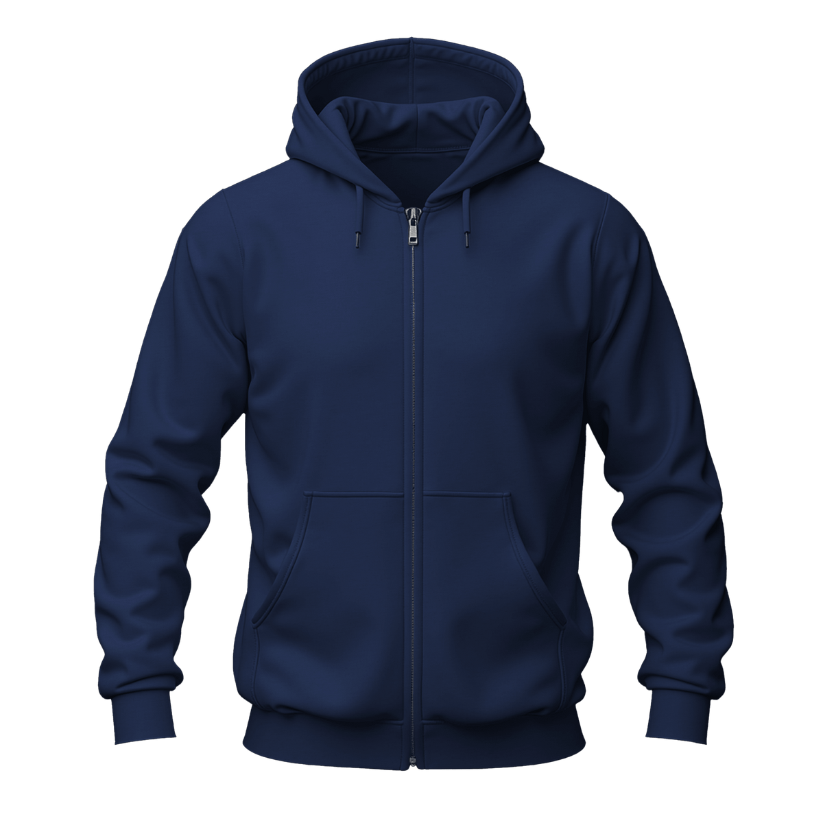 A navy blue zip-up hoodie with a full-length front zipper, drawstrings, and a front kangaroo pocket, shown on a plain white background.