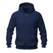 A navy blue zip-up hoodie with a full-length front zipper, drawstrings, and a front kangaroo pocket, shown on a plain white background.