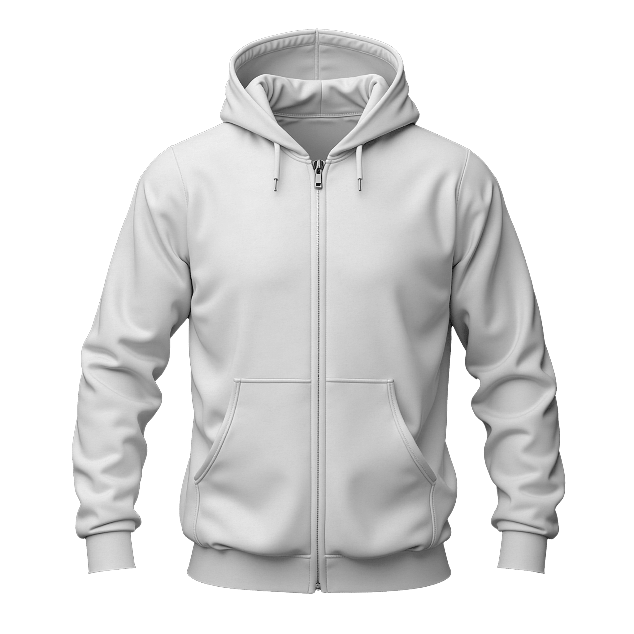 A White full-zip hoodie with a drawstring hood and front kangaroo pockets, shown on a plain white background.